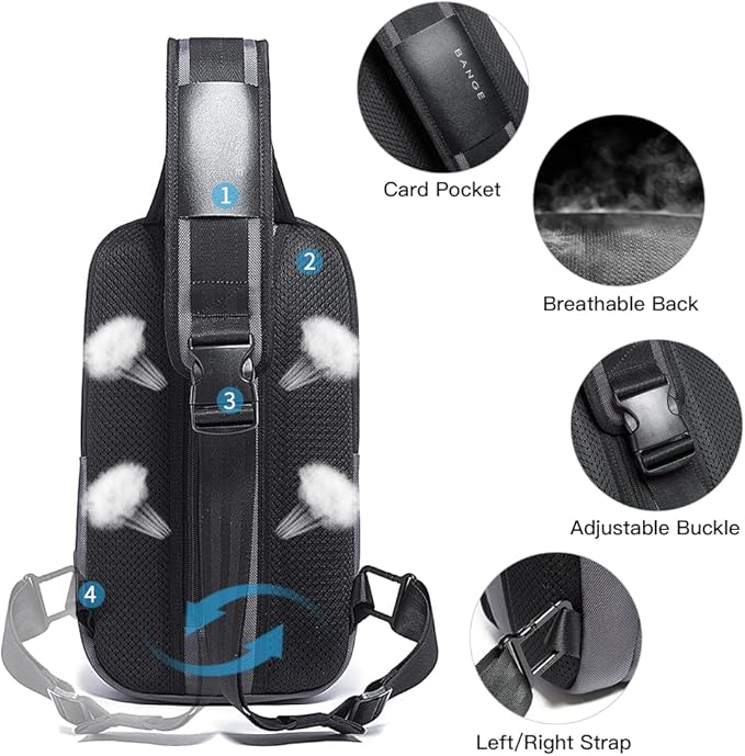 BANGE Anti Theft Sling Bag with USB Charging Port, Waterproof Crossbody Chest Pack, Lightweight Travel Daypack Shoulder Bag for Men Women
