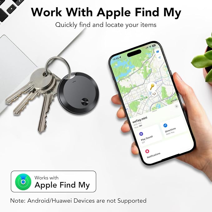 Air Tracker Tags-4 Pack: Smart Bluetooth Tracker, Item Finder Works with Apple Find My (iOS Only) App, Trakcer Tag Locator for Keys, Luggage, Satchel, weTag mini. (Not for Android Devices)