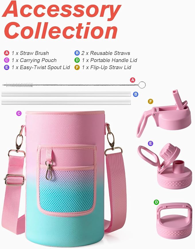 Coolflask 128 oz Gallon Water Bottle Insulated with Straw&3 Lids, Water Jug Large Stainless Steel Metal Vacuum Wide Mouth for Sports, Gym or Office, Non-BPA Keep Cold 48H Hot 24H, Bubblegum Princess