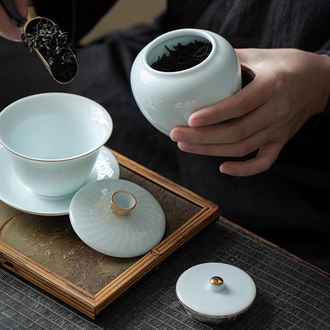 Chinese Tea Set, Gaiwan Tea Set with 6 Cups, Chinese Gongfu Teaset, Gold-plated Edge Craftsmanship(GaiwanB 6cups)