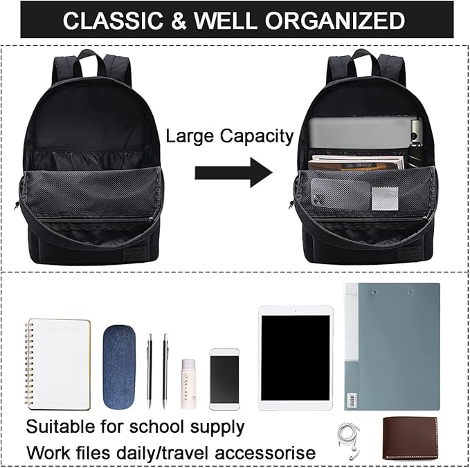 SUPACOOL Lightweight School Backpack with Pencil Pouch, Backpack for School Boys and Girls(Black backpack set)