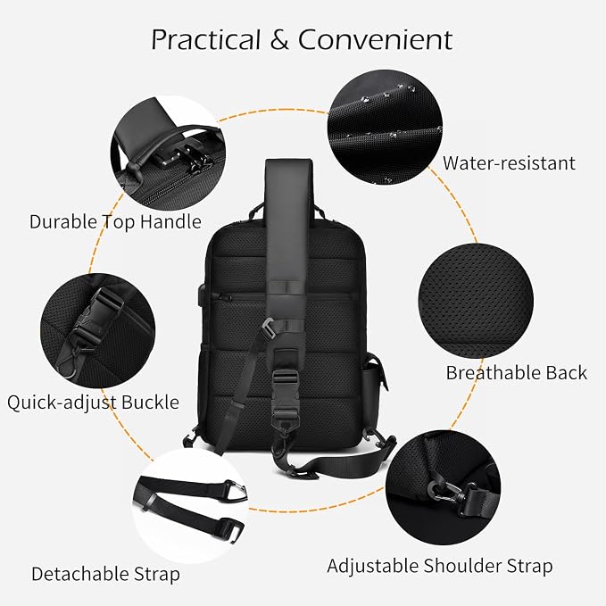 Leaper Anti-Theft Crossbody Sling Bag：one-handed quick-open lock in 3 seconds & hidden zippered pockets for Travel, Work & Daily Commute, Black