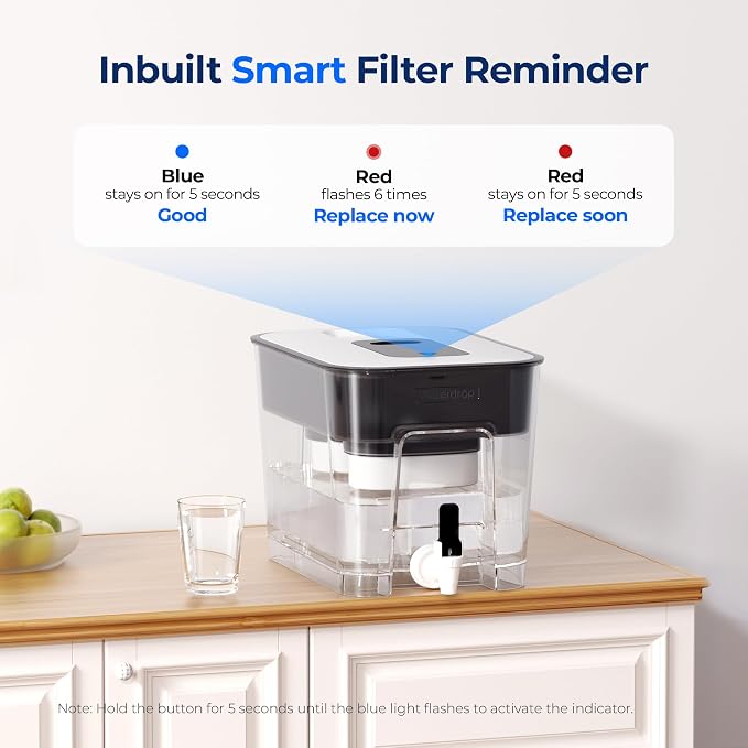 Waterdrop WFD-22L-DF Water Filter Dispenser, 40-Cup Water Purifier, 2 Built-in Filters, 8X Faster Filtration, 400-Gallon Lifespan, 10X Longer Lifetime, Reduces Chlorine, PFOA/PFOS, Black