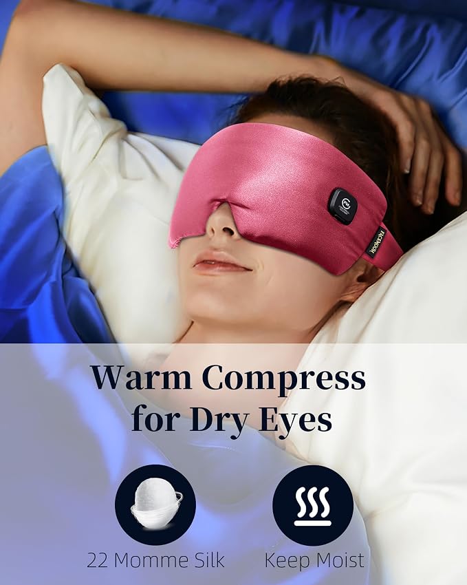 Heated Eye Mask for Dry Eyes - Silk Cordless Warm Eye Compress Moist Heat, Eye Heating Pad for Stye Treatment, Tired Eyes, Sleep, Travel, Washable, Rechargeable, Pink