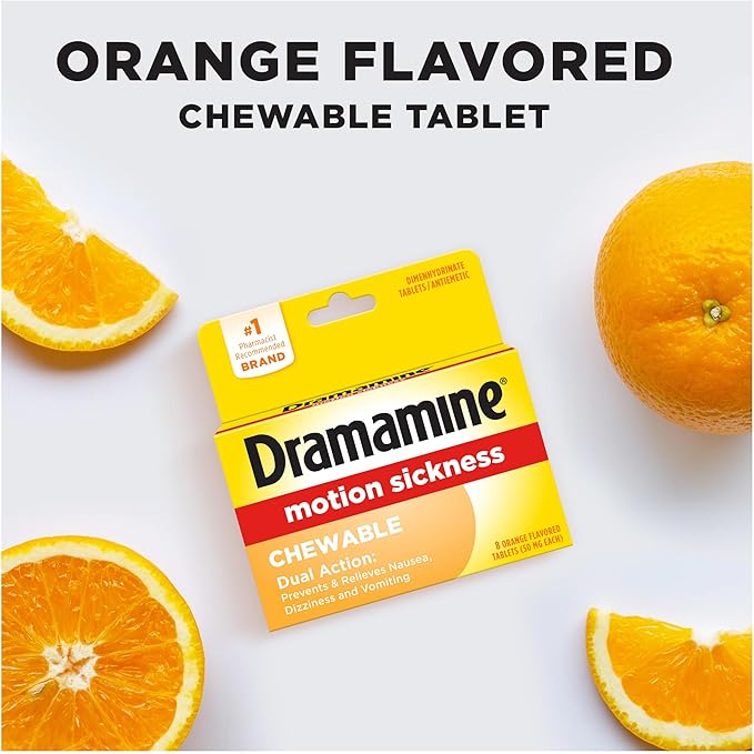 Dramamine Motion Sickness, Chewables for Nausea Relief During Travel, Orange Flavor, 8 Count