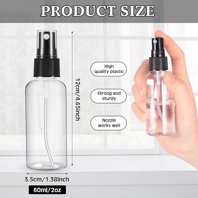 Roshtia 50 Pcs 2 oz Plastic Mini Spray Bottles with Black Cap Clear Empty Fine Mist Spray Bottles Refillable Liquid Container for Essential Oils Perfumes Travel Makeup