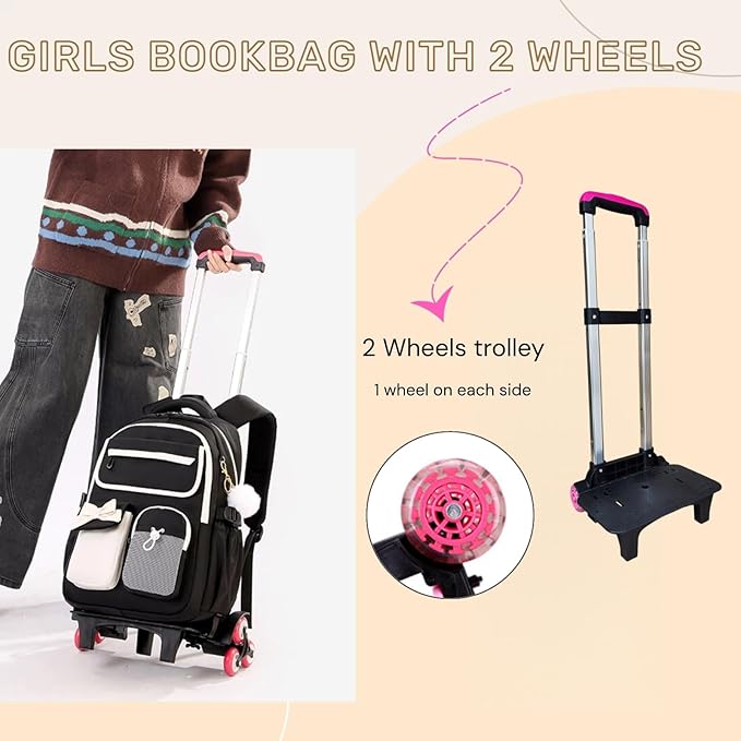 Black School Backpack with Wheels for Girls Wheeled Bookbags Kids Rolling Backpack for Girls Trolley School Bag, Black 2 Wheels