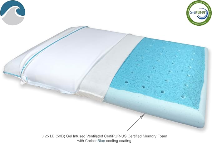 Bluewave Bedding Ultra Slim Max Cool CarbonBlue Gel Memory Foam Pillow for Stomach and Back Sleepers - Thin, Flat Design with Advanced Cooling (2.75-Inch Height, Standard Size)