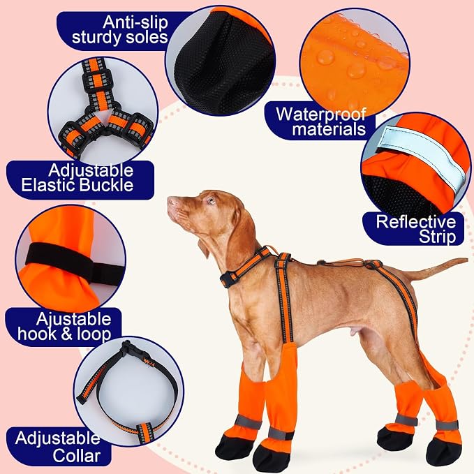 S Orange Stay-On Suspender Dog Boots | Anti-Slip Waterproof | Adjustable Dog Shoes Paw Protector for Small/Medium Dogs Outdoor Walking Hiking Hot Pavement Winter Snow
