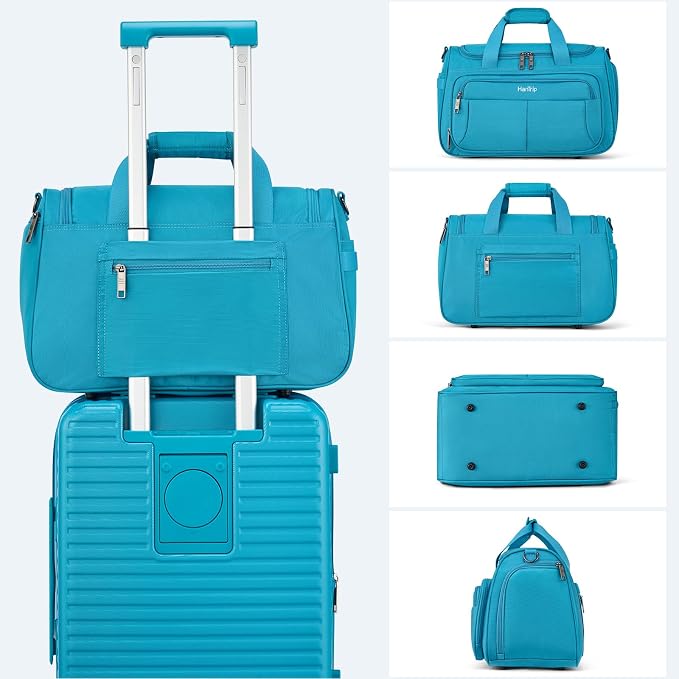 HanTrip Carry on Duffel Bag Foldable Duffle Bags for Travel, Under Seat Personal Item Bags for Airplanes, Weekender Overnight Mens Travel Tote Bag for Women Softside Carry on Luggage (Caribbean Blue)