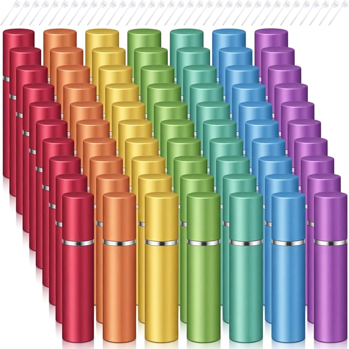 Motiskyy 70 Pcs 5 ml Perfume Travel Refillable Atomizers Bulk Mini Cologne Atomizer Sprayer with Perfume Refill Pump Dispenser Pump Transfer Tool(Rainbow Color)
