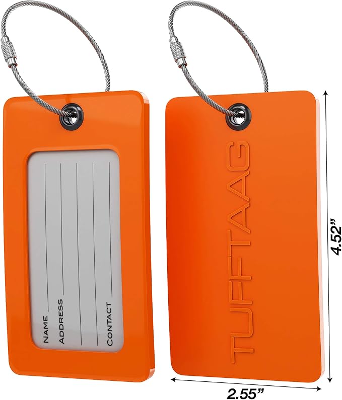 Luggage Tags Business Card Holder by TUFFTAAG - Flexible PVC Travel ID Bag Tag, Orange, 2 Pack