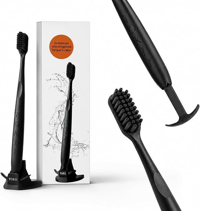TOKII Tongue Scraper & Tongue Cleaner for Adults, 2-in-1 Toothbrush with Sliding Tongue Scraper, Charcoal Ultra Soft Bristles, Ayurvedic-Inspired, Includes Travel Toothbrush, Stand & Waterproof Pouch