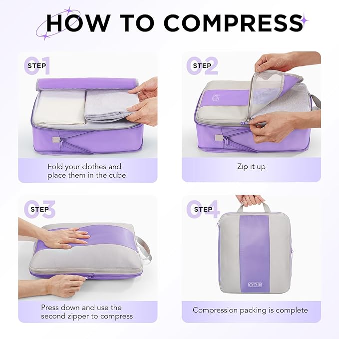 10 Set Compression Packing Cubes for Travel Essentials,Compressible Expandable Packing Cubes for Suitcase,OlarHike Luggage Garment Bags for Travel,Handy Helper for Organizing Clothes(Light Purple)