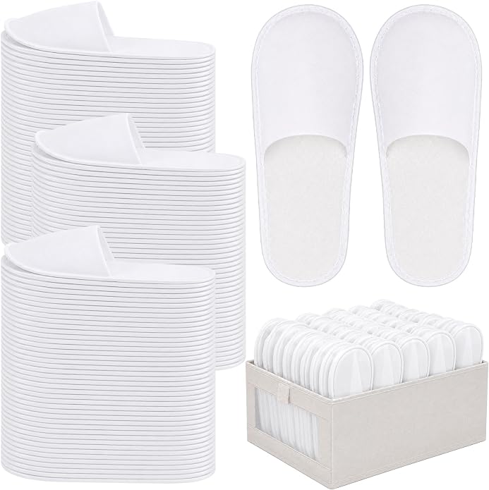 50 Pairs Disposable Slippers for Guests Bulk with Folding Storage Box, 11 Inch White Non-Slip Hotel Slippers, Individually Wrapped House Slippers for Men Women Travel, Spa, Home, Wedding