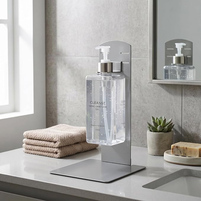 Stainless Steel Countertop Hand Sanitizer Stand Heavy Duty Desktop Soap Dispenser Holder with Drip Tray No-drilling Freestanding Bracket for Wall-mount Dispensers, Office School Public Areas