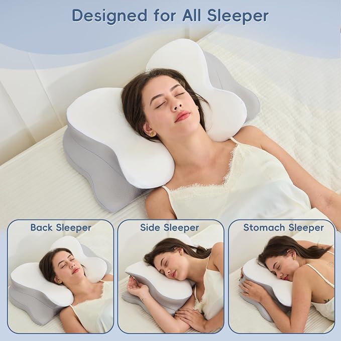 Cervical Neck Pillow, Ergonomic Memory Foam Pillow for Neck Pain Relief with Dual-Height Design, Breathable Cover, Neck Support for Side Back & Stomach Sleepers, Odorless White 1 pcs