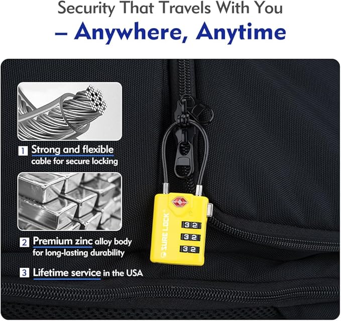SURE LOCK TSA Approved Luggage Locks with Open Alert Indicator, 3 Digit Combination Cable Travel Lock for Suitcase, Backpack, Gym Locker, Toolbox & Travel Bag(2, Yellow)