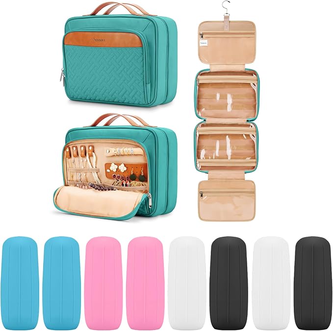 COOSKY Travel Hanging Toiletry Bag for Women, Large Makeup Bag 8 Leak Proofing Silicone Bottle Covers, Waterproof Cosmetic Bag with Jewelry Organizer Compartment, Toiletries Kit Set, Blue