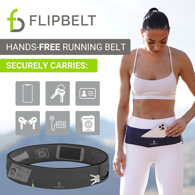 FlipBelt Zipper Running Belt, Waist Pack for Fitness and Running Fanny Pack for Women Men Phone Keys Money US Company - [Carbon] - [Medium]
