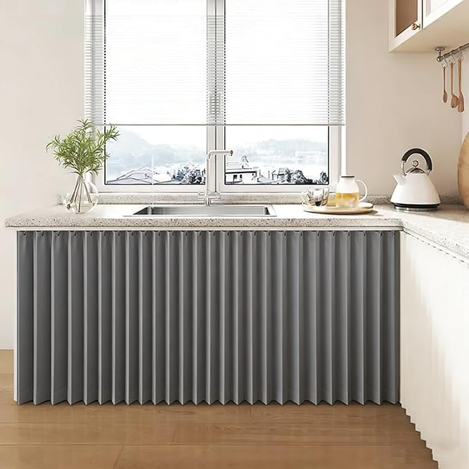 Accordion Cabinet Curtain with Silent Slide Rail,Folding Dust-Proof Shelf Cover for Kitchen & Pantry,No Drill Track Installation for Cupboard,Under Sink & Shoe Rack(Gray,40.9" Wx19.7 L)