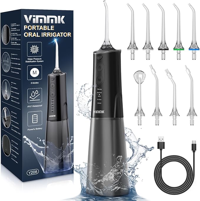VIMMK Water Flosser, Cordless Water Dental Flosser, 9 Jet Tips 5 Modes 300ML IPX7 Waterproof, Portable Rechargeable Oral Irrigator for Home Travel - Gums, Orthodontic, Braces Care (Black)