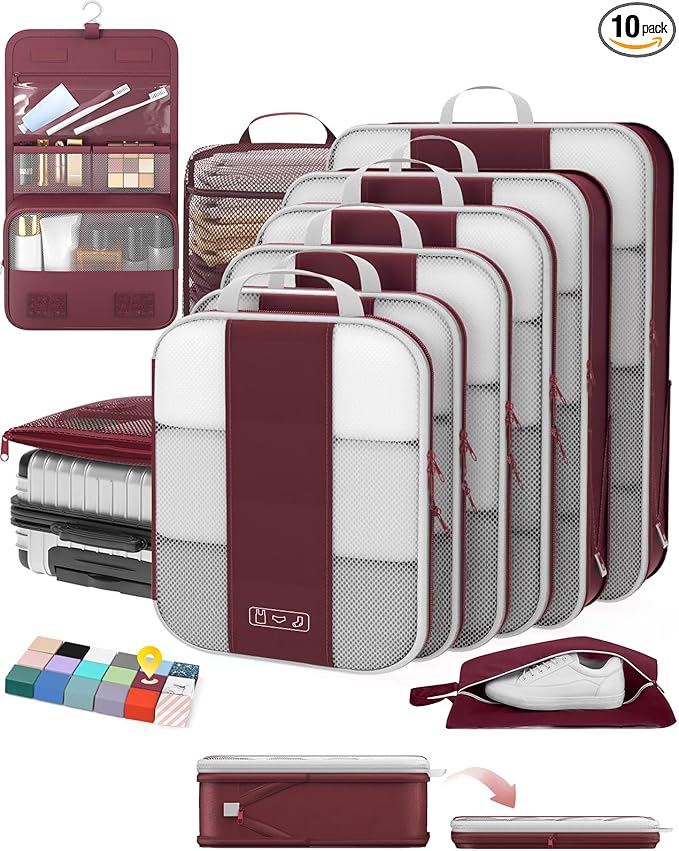 10 Set Compression Packing Cubes for Travel Essentials,Compressible Expandable Packing Cubes for Suitcase,OlarHike Luggage Garment Bags for Travel,Handy Helper for Organizing Clothes(Wine Red)