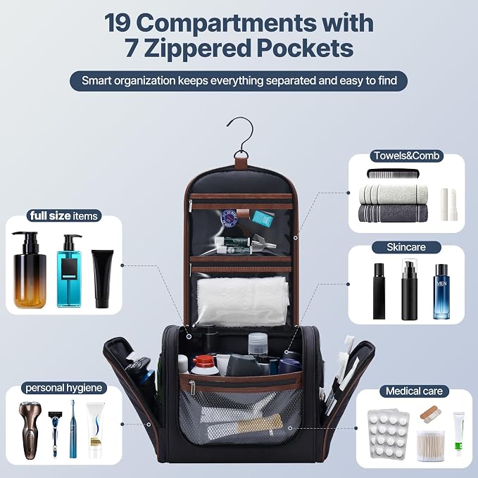ZAHNI Hanging Toiletry Bag for Men with 360° Hook, Large Toiletry Travel Bag, Bathroom Shower Organizer for Shaving, Grooming & Toiletries_Black