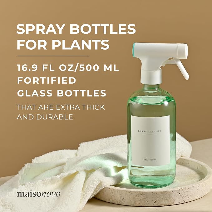 MAISONOVO Green Glass Spray Bottle 16 oz Pack of 2 - Green Spray Bottle for Plants with Fortified Glass & Fine Mist - Ideal for Plant Care, Gardening, Misting, Seedlings & Indoor Plants - 16 Labels