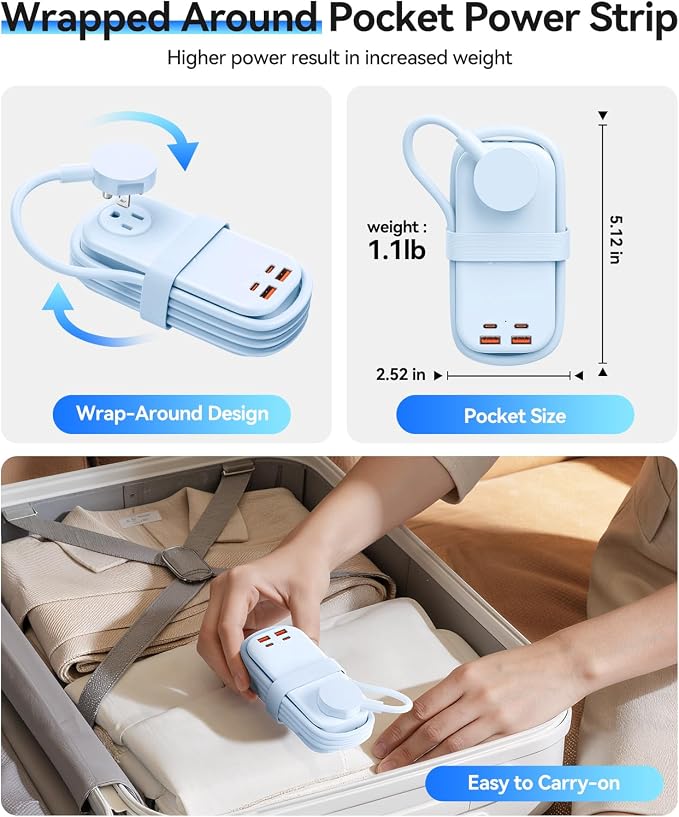 ORICO 100W GaN Power Strip for Laptop, 6 in 1 Multiple Outlets Extension Cord(2 AC Outlets, 2 USB-A, 2 USB-C Ports), 5ft Wrapped Flat Plug for Travel/Office ETL Listed