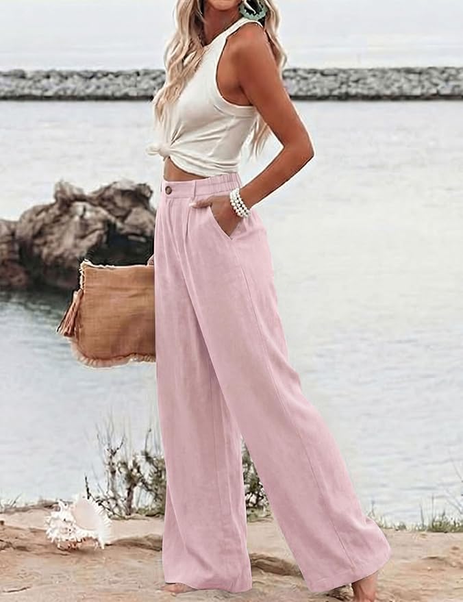 Hooever Womens Cotton Linen Pants Casual Button Up High Waisted Wide Leg Trousers