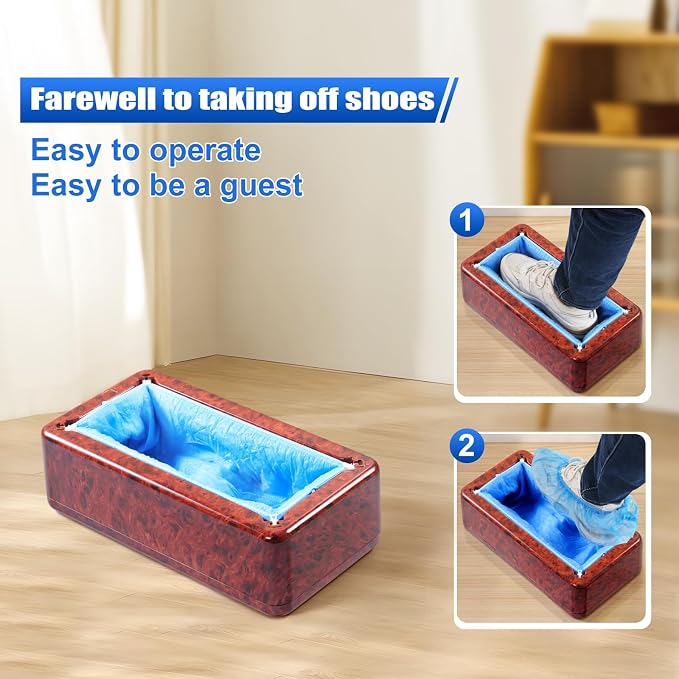 LYSHIYI Shoe Cover Dispenser with 100pcs Shoe Covers Disposable Non Slip, Woodgrain Red Automatic Shoe Cover Dispenser Fits Men's Size Up to 11,Durable Shoe Cover Machine for Indoor