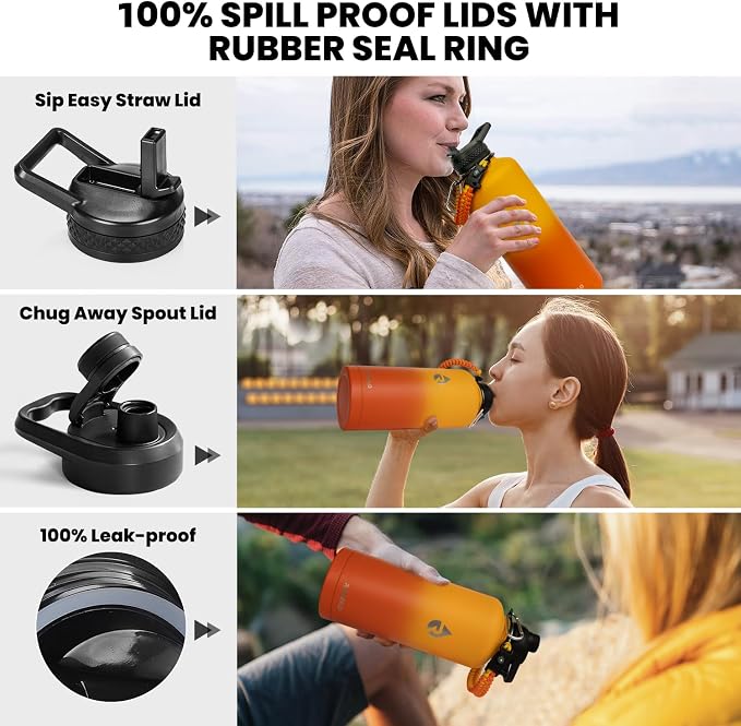 RAYMYLO Insulated Water Bottle 87 oz, Triple Wall Vacuum Stainless Steel (Cold for 48 Hrs), Leak Proof & Non-BPA, Modern Water Flask Jug with Paracord Handle & Straw Spout Lids, Ombre Orange