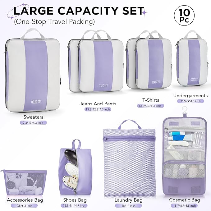 10 Set Compression Packing Cubes for Travel Essentials,Compressible Expandable Packing Cubes for Suitcase,OlarHike Luggage Garment Bags for Travel,Handy Helper for Organizing Clothes(Purple Gray)