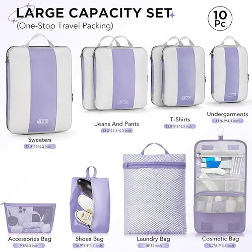 10 Set Compression Packing Cubes for Travel Essentials,Compressible Expandable Packing Cubes for Suitcase,OlarHike Luggage Garment Bags for Travel,Handy Helper for Organizing Clothes(Purple Gray)