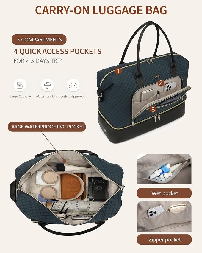 Weekender Bags for Women Travel, Under Seat Carry On Bags for Airplanes Overnight Bag with Shoe Compartment Luggage Sleeve, Foldie Travel Tote Bag Hospital Bag, Travel Gifts, PeacockBlue Black