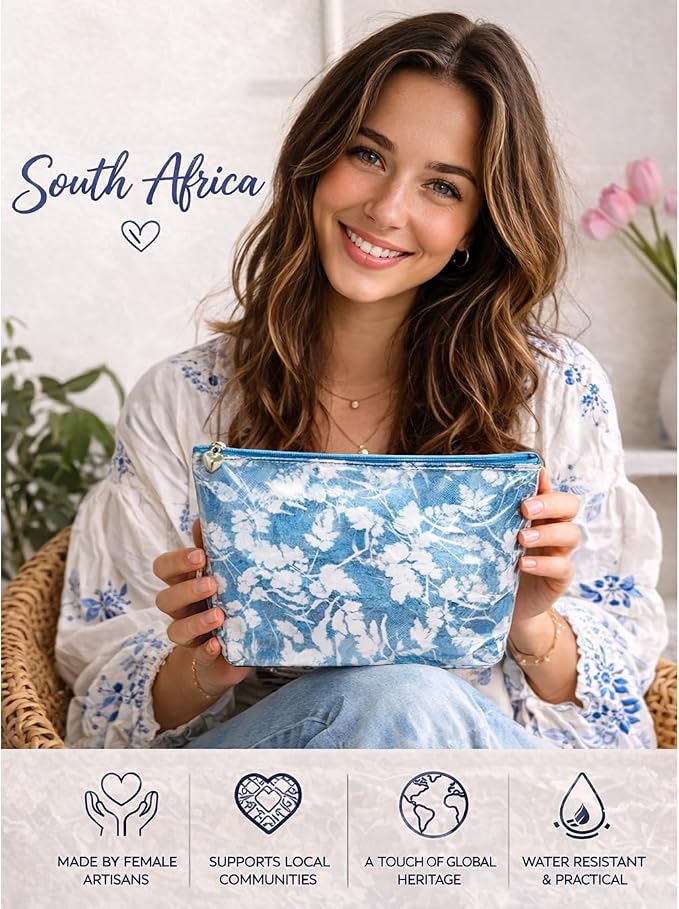 Jacaranda Living Large Cosmetic Bag – Water-Resistant Makeup & Toiletry Bag with PVC-Lined Interior, Travel Beauty Organizer, Floral Denim