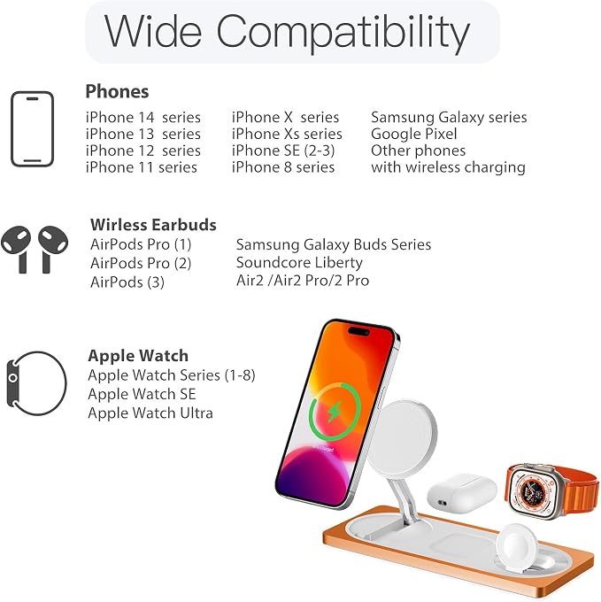 PETINO 3 in 1 Wireless Charging Station for Apple Devices with MagSafe | For iPhone 17/Air/16/15/14/13/12, AirPods & Apple Watch, Foldable Portable Aluminum Charging Stand, Adapter Included