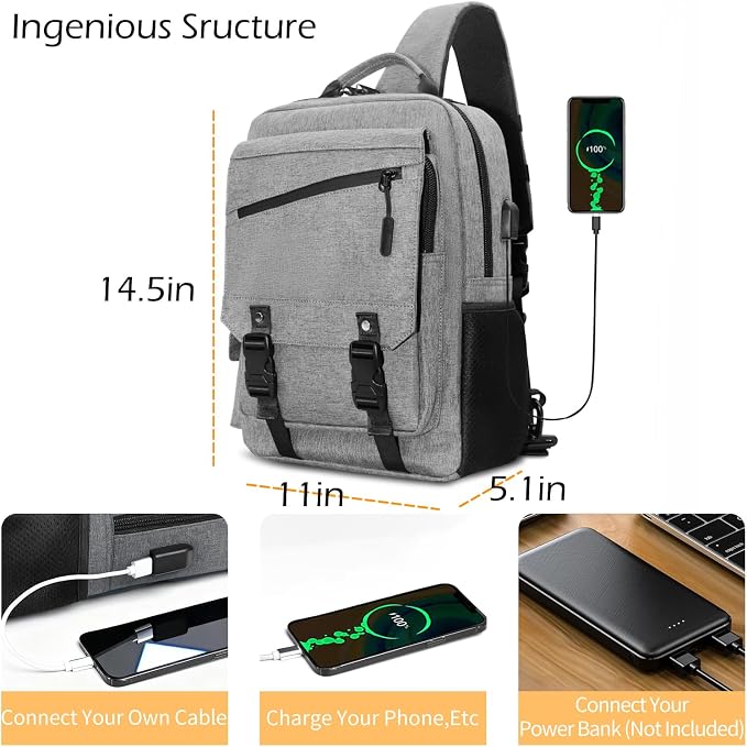 Leaper Anti-Theft Crossbody Sling Bag：one-handed quick-open lock in 3 seconds & hidden zippered pockets for Travel, Work & Daily Commute, Gray