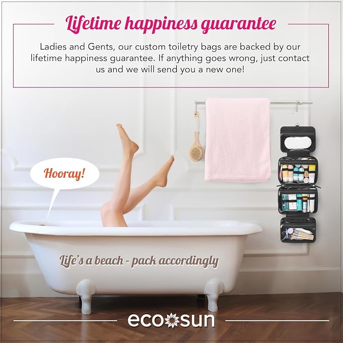 Eco Sun Hanging Travel Toiletry Bag — Designed in Hawaii — Water-resistant Travel Organizer for Bathroom Accessories (Black)