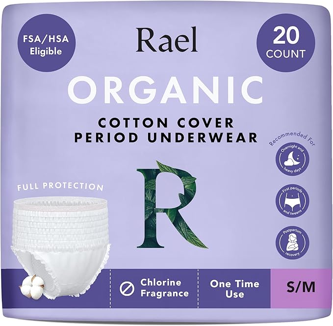 Rael Disposable Underwear for Women, Organic Cotton Cover - Postpartum Essentials, Leak Locker, Unscented, Maximum Coverage (Size S-M, 20 Count)