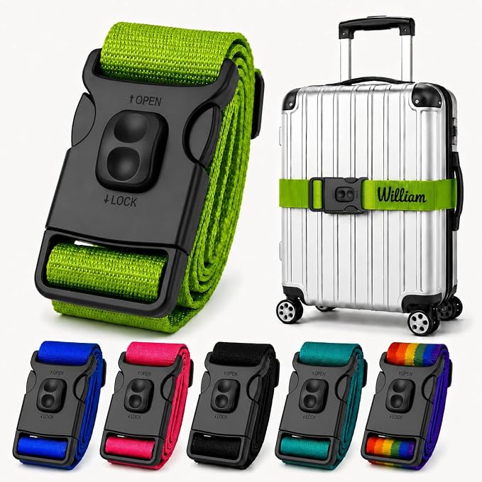 Personalized Luggage Strap with Safety Locking Buckle,1 Pc Custom Embroidered Names & Text, Adjustable Travel Belt for Suitcases, Prevents Accidental Opening, Ideal for Travel & Gifts(1)