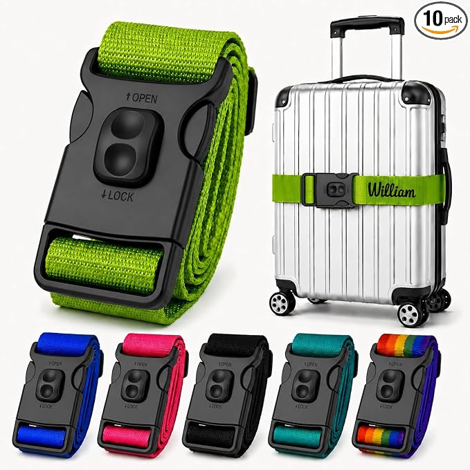 Personalized Luggage Strap with Safety Locking Buckle,10 Pcs Custom Embroidered Names & Text, Adjustable Travel Belt for Suitcases, Prevents Accidental Opening, Ideal for Travel & Gifts(10)