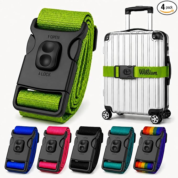 Personalized Luggage Strap with Safety Locking Buckle,4 Pcs Custom Embroidered Names & Text, Adjustable Travel Belt for Suitcases, Prevents Accidental Opening, Ideal for Travel & Gifts(4)