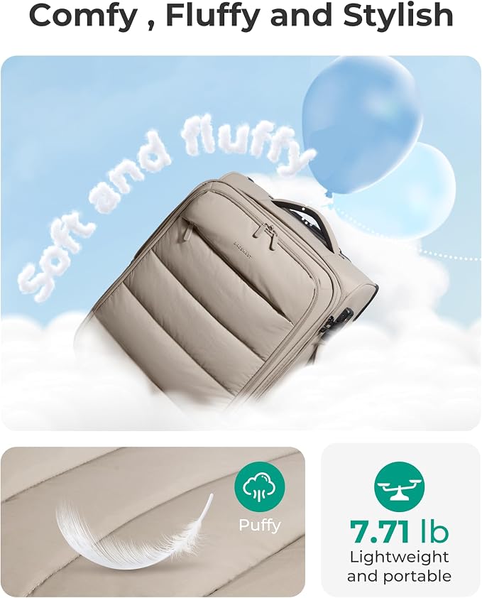 BAGSMART Carry On Luggage 22x14x9 Airline Approved, 20 Inch Soft Suitcase with Wheels, Lightweight Spinner Carry on Suitcase with PVC Wet/Dry Pockets for Short Trip, Camel
