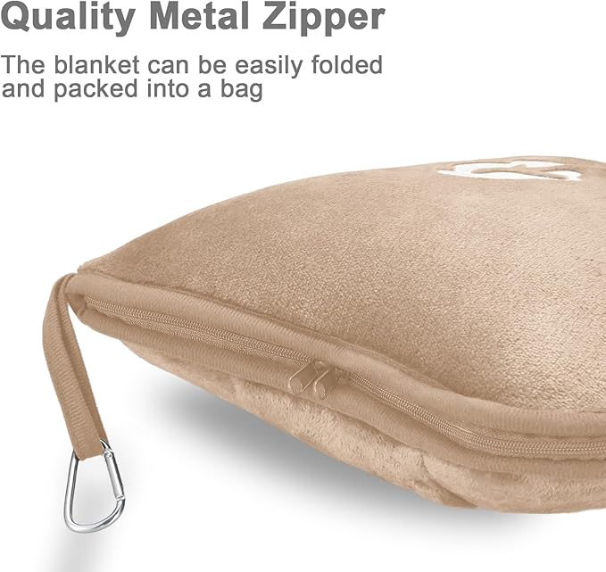 Travel Blanket and Pillow Compact, Premium Soft 2 in 1 Airplane Blanket with Soft Bag Pillowcase，Hand Luggage Sleeve and Backpack Clip (Brown)