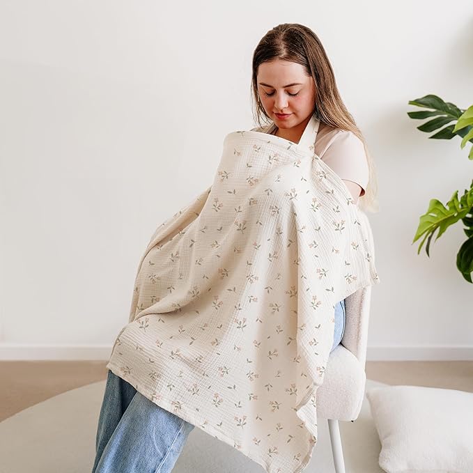 MairMore Muslin Nursing Covers for Breastfeeding, Privacy Breast Feeding Cover with Arch Neckline for Mom and Baby, Breathable 100% Cotton Nursing Apron Multi-use Stroller Cover (Pink Blossom)