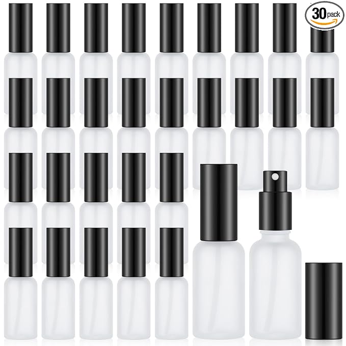Roshtia 30 Pcs Glass Spray Bottle Clear Empty Bottles Small Refillable Reusable Perfume Bottle with Fine Mist Sprayer Pump for Face Body Travel(1oz,Black)
