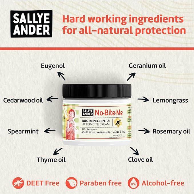 SALLYEANDER No Bite Me Natural Bug & Insect Repellent Lotion - DEET-Free Anti-Itch Cream - Safe for Kids, Infants & Adults - Repels Mosquitoes, Black Flies, Fleas & Ticks - Made in USA, 2oz