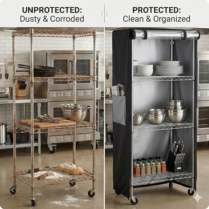 48"W x 18"D x 72"H Heavy Duty Storage Shelf Cover, Waterproof 600D Oxford Rack Cover with Clear PVC Window, Side Zippers, Top Buckles & Side Pocket for Wire Shelvin